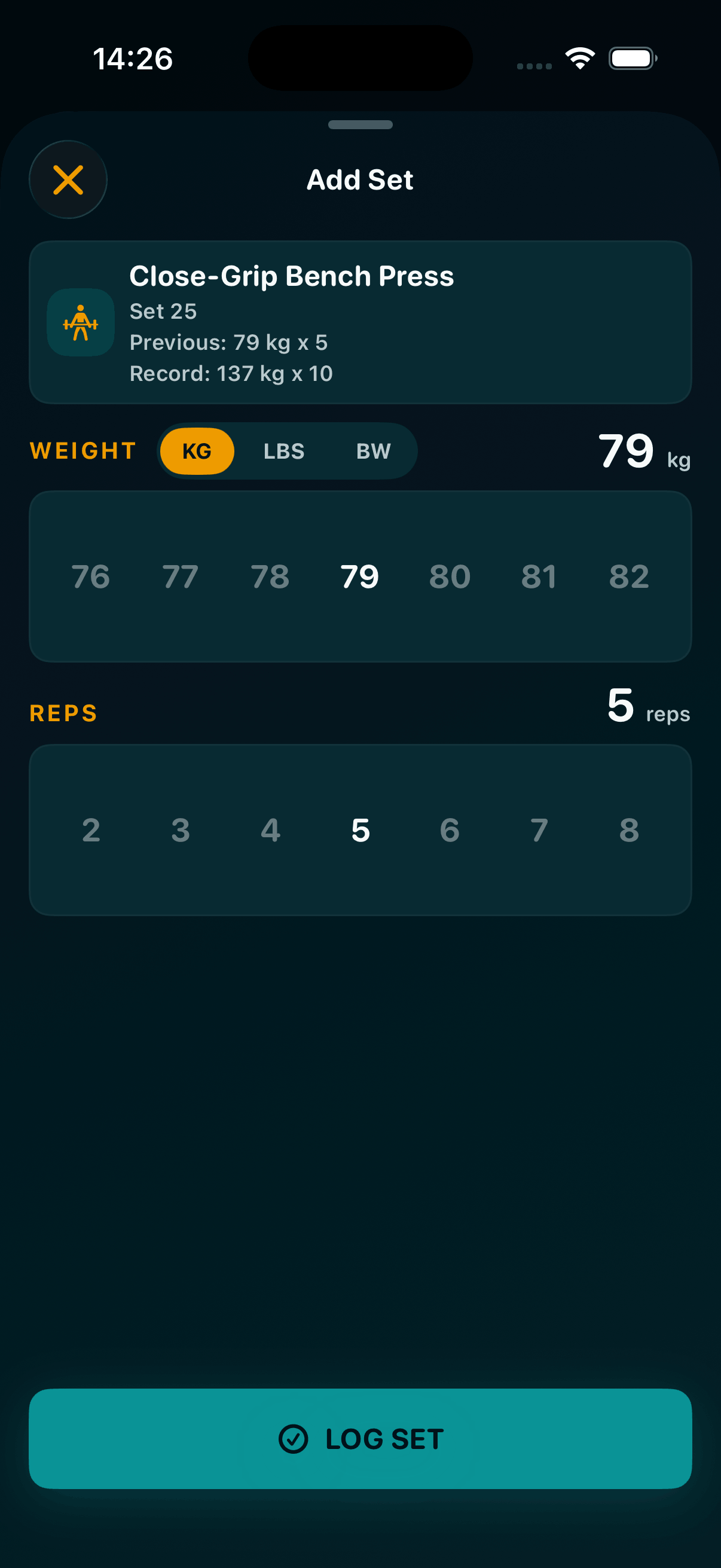 Add Set screen