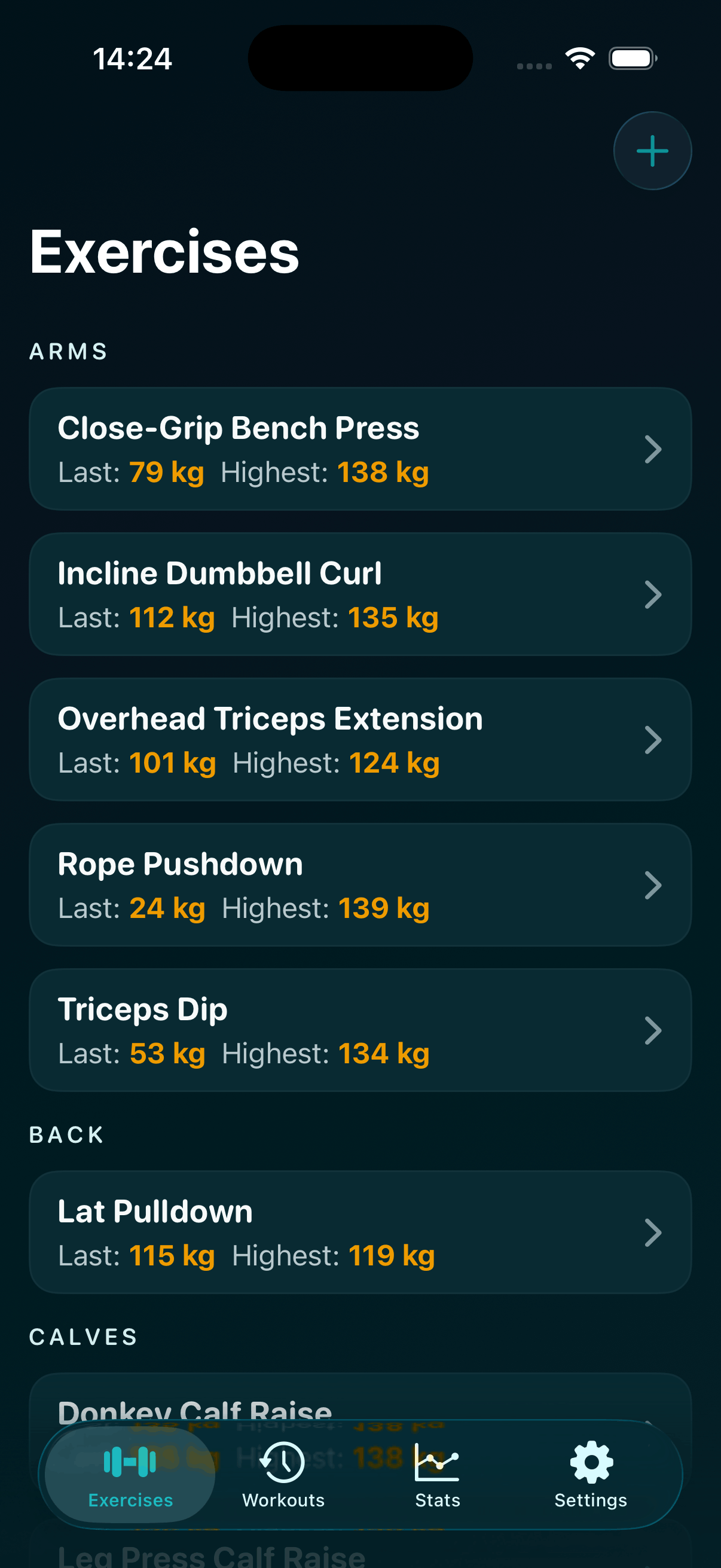 List of exercises in the app, grouped by muscle