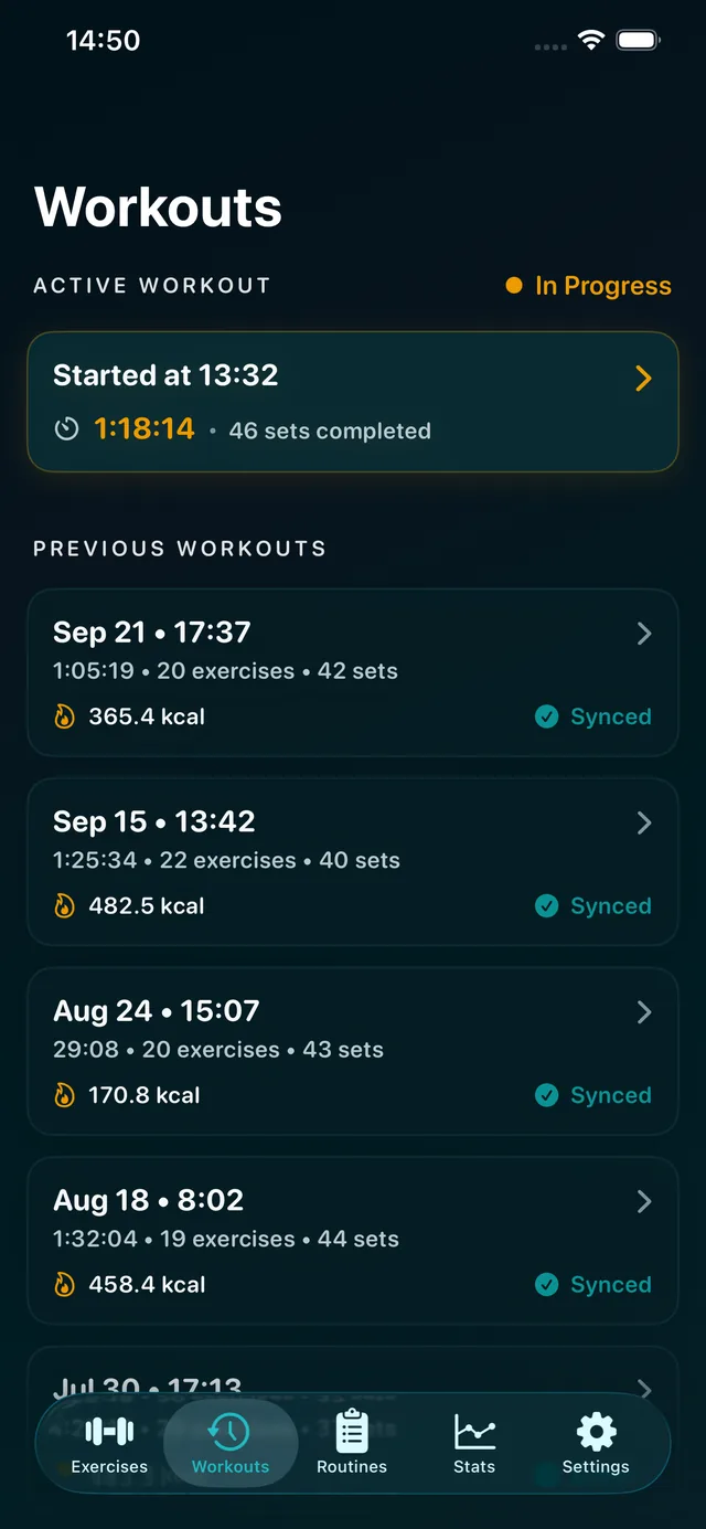 Workouts history list